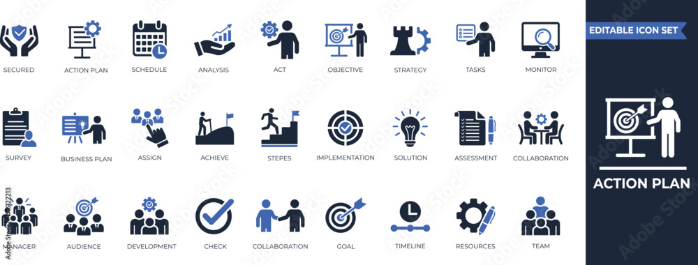 Naklejka premium Action plan solid icon set for strategy, goal setting, solution, monitoring, management, project, collaboration, and corporate workflow diagrams.