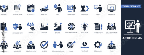 Action plan solid icon set for strategy, goal setting, solution, monitoring, management, project, collaboration, and corporate workflow diagrams.