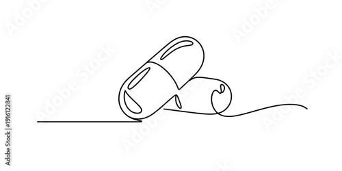 Continuous line drawing of two medicinal capsules on a white background for healthcare concepts. Vector, illustration