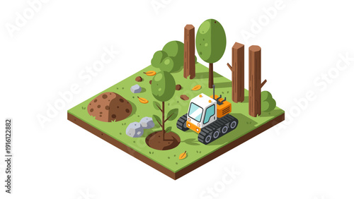 Isometric forest landscape with machinery for deforestation and reforestation