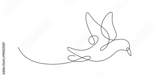 Minimalist one line drawing of a bird in flight representing peace and freedom on a white background. Vector, illustration