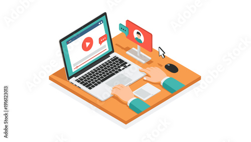 Isometric workspace with laptop and hands working on video platform