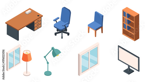 Office furniture icons in modern isometric style for workspace and interior design