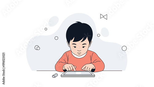 Young Boy Concentrating on Digital Tablet Screen, Engaging with Technology