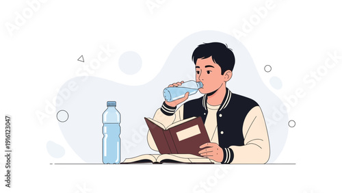 Young boy drinking water from bottle while reading book, studying concept