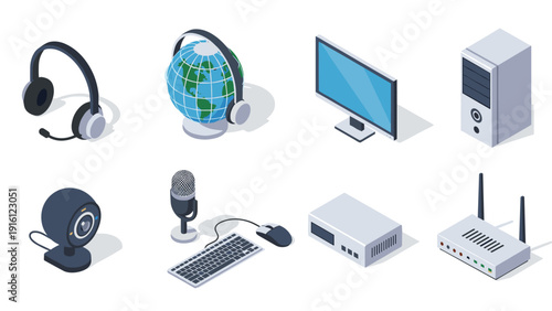 Isometric icons of modern digital devices and communication equipment
