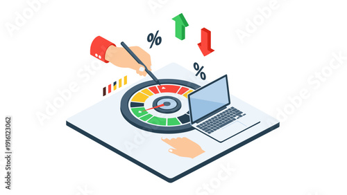 Isometric business analysis with laptop, arrows, and gauge for performance metrics