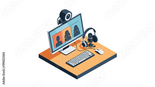Isometric home office setup with desktop and video call elements