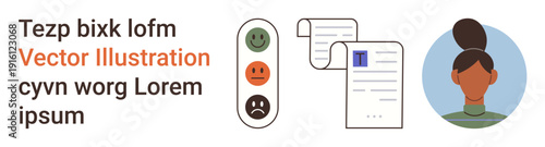 Customer feedback, survey design, user experience, evaluation, communication, customer satisfaction. Emotions scale, document checklist female avatar icon. Customer feedback and survey concept