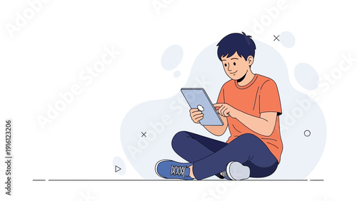 Young boy sitting cross-legged, using a digital tablet, modern illustration