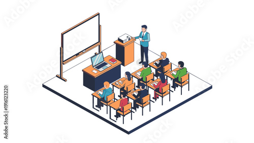 Isometric classroom scene with teacher and students engaged in learning