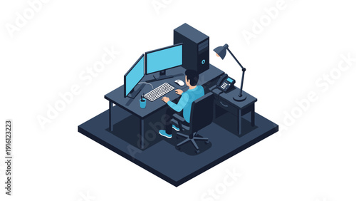 Isometric office workspace with dual monitors and modern desk setup