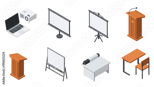 Isometric office and classroom elements: projector, screens, podium, whiteboard, desk