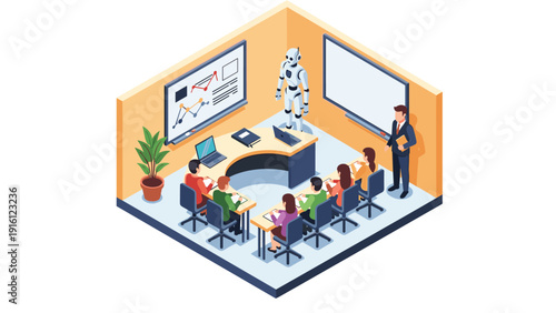 Isometric classroom with robot teacher and students learning with technology