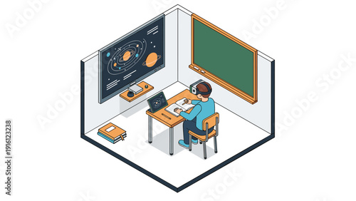 Isometric virtual reality classroom with student learning astronomy