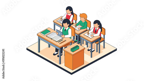 Isometric classroom scene with students studying at desks