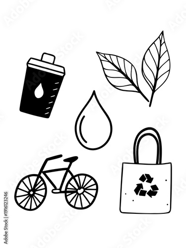 Self-care and mental health vector doodle collection featuring yoga pose, lotus flower, tea cup and peaceful icons, line art style