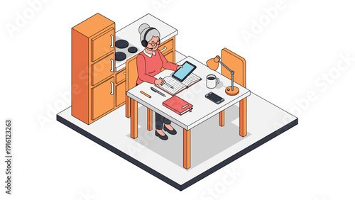 Isometric elderly woman using tablet at home desk with kitchen background