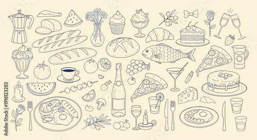 A variety of food and drink items are arranged on a table indoors.