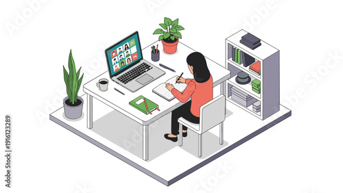 Isometric home office with laptop and woman working at desk