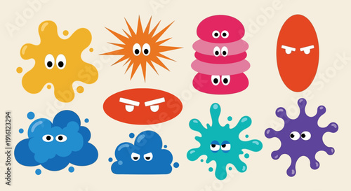Vibrant cartoon microbe illustrations gathered on a beige surface with faces