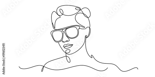 Continuous line drawing of a fashionable woman wearing large sunglasses with a messy bun hairstyle Vector, illustration