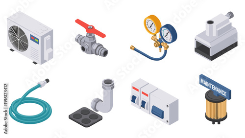Set of isometric hvac and plumbing tools for maintenance and repair