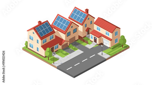 Sustainable suburban homes with solar panels in isometric style