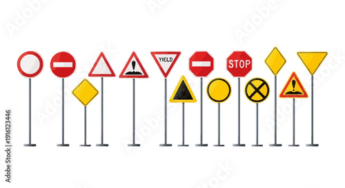 A collection of various road signs on metal poles in a row