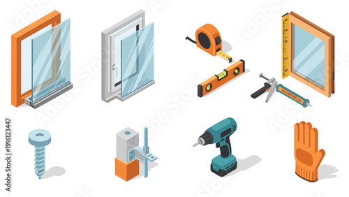 Isometric construction tools set with windows and measuring equipment