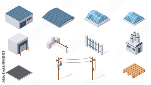 Isometric 3d industrial set with buildings, structures, and equipment elements