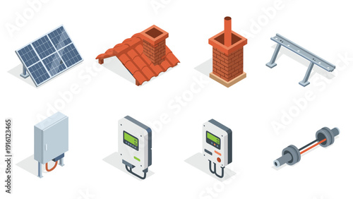 Isometric solar installation elements: panels, inverters and more for renewable energy projects