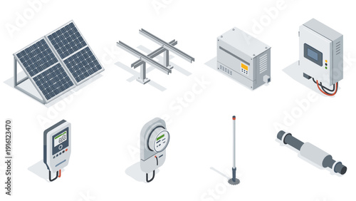 Isometric solar power system components: panels, inverter, meters, and installation parts on white background