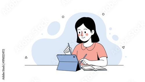 Young girl learning and drawing on tablet computer with open book