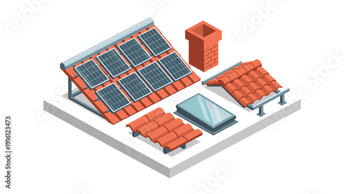 Isometric solar panel and rooftop elements for sustainable energy solutions