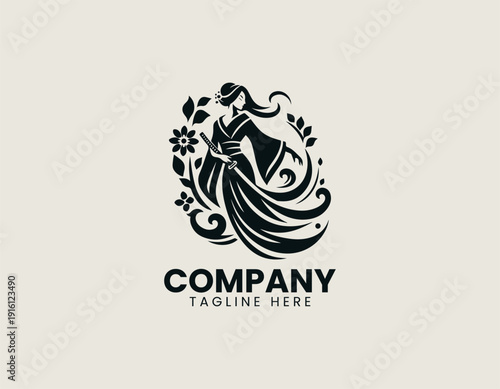An elegant, stylish woman in traditional Japanese clothing holding a katana black vector logo illustration