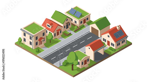 Sustainable suburban neighborhood with solar-powered homes in isometric view