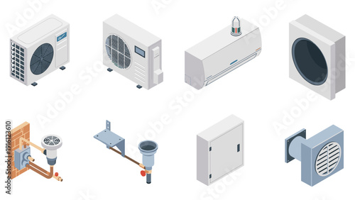 Isometric set of hvac and ventilation units for modern buildings