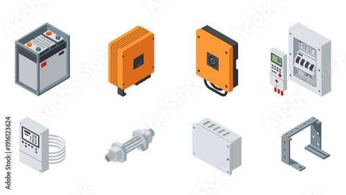 Isometric electrical equipment set featuring circuit breakers and controllers