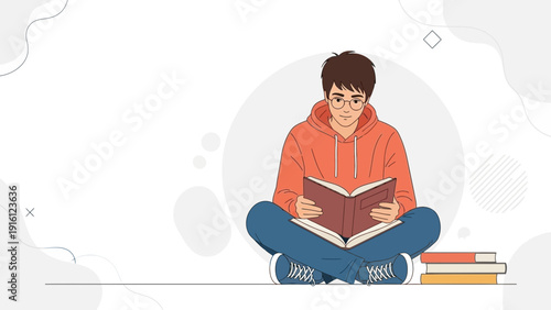Young man in glasses reading book, sitting cross-legged, education, knowledge, relaxation
