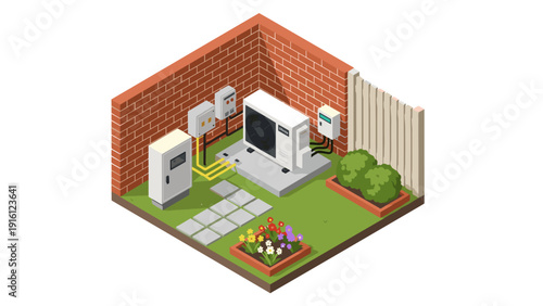 Modern isometric home power station with solar inverter in a garden setting