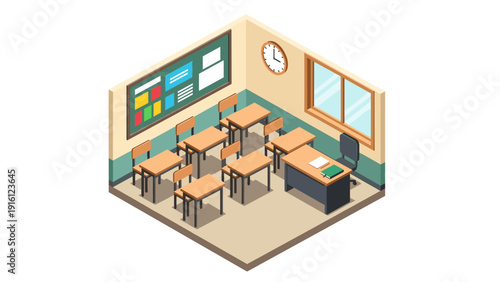 Isometric classroom design featuring desks and chalkboard in educational setting