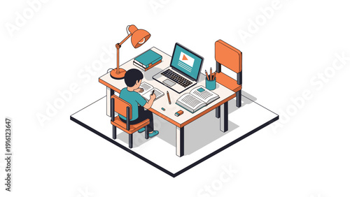 Isometric home study setup with student at desk and laptop for online learning