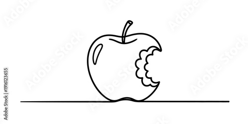 A simple black and white line drawing of an apple with a bite mark on its right side. Vector, illustration