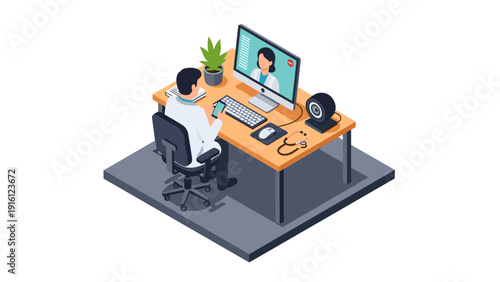 Isometric online consultation: doctor engaging in virtual patient meeting