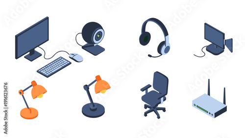 Isometric office equipment set: computer, webcam, headset, lamp, chair, router