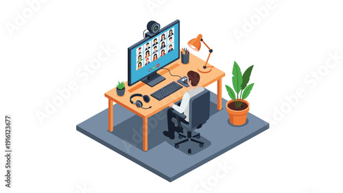 Remote work setup with video conference on monitor in modern office