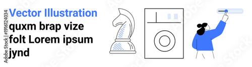 Strategic thinking, daily life, modern gadgets, creativity, design illustration, problem-solving. Chess piece, washing machine person writing. Strategic thinking and daily life concept