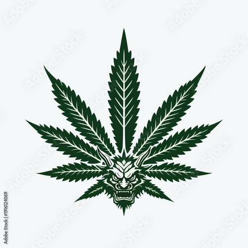 Striking stylized cannabis leaf design featuring an intricate Oni demon mask integrated seamlessly into the center creating a unique and powerful graphic symbol for marijuana culture enthusiasts and d