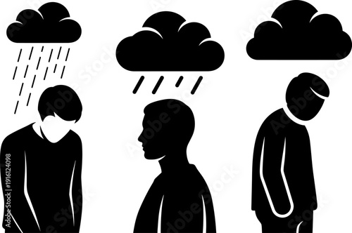 Depressed People Under Rain Clouds Silhouette, Mental Health Anxiety Stress and Emotional Sadness Concept Vector Illustration